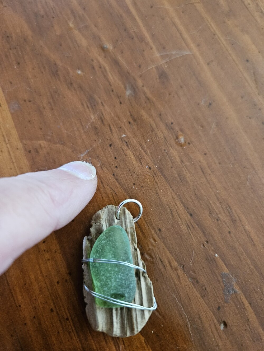 Handmade Green Sea Glass/Driftwood Pendant
